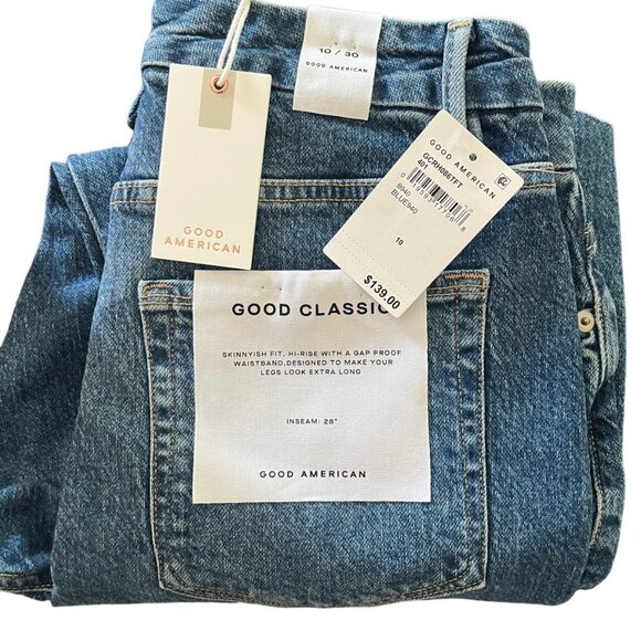 Good American Good Classic Raw Hem High Waist Slim Jeans Blue 940 NWT SZ 10/30 - Picture 4 of 12